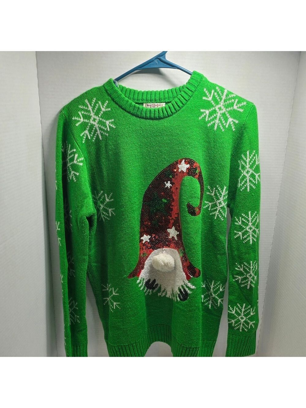 Poof! Vibrant Green Sweater with Gnome and Snowflakes